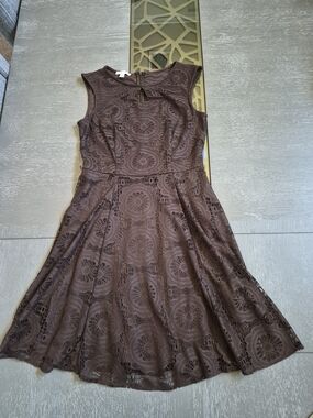 London Times Brown Lace Fit & Flare Mini Dress